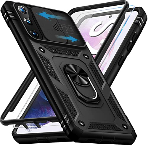 Handyhülle für Samsung Galaxy S21 Hülle mit Schutzfolie, Galaxy S21 5G Schutzhülle mit Kameraschutz 360° Drehbarer Metall Ring Ständer Stoßfest Bumper S21 5G 6.2 Case Cover (Schwarz)
