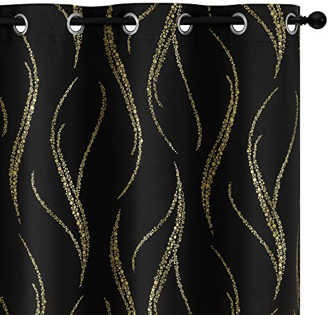Yakamok Blackout Curtains for Livingroom - Wave Line with Dots Gold Print Design Noise Reducing Thermal Insulated Solid Ring Top Blackout Window Drapes for Livingroom (2 Panels, 52 x 84 Inch, Black)