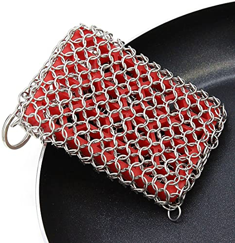 Taspooke Cast Iron Scrubber, 316 Stainless Steel Cleaning Brush, Built-in Silicone Insert, Upgraded Chainmail Scrubber, Skillet/pan/Griddle Cleaner (red)