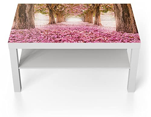 DEQORI Glastisch | weiß groß 90x50 cm | Motiv Kirschblütenallee | ausgefallener Beistelltisch aus Glas | Hochglanz Couchtisch fürs Wohnzimmer | moderner Couch Tisch mit Design