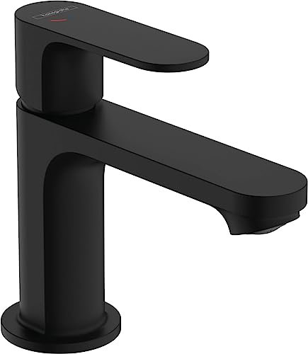 hansgrohe Rebris S - Rubinetto per lavabo con scarico a tirante, risparmio energetico (CoolStart), Miscelatore lavabo risparmio idrico (EcoSmart+) con altezza bocca 84 mm, nero opaco, 72586670