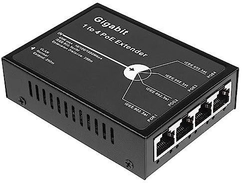 Revotech Gigabit 4 Puertos 60W PoE Extensor, 1000Mbps 1 In 4 out PoE+ Repetidor con 3 Modos Disponibles, Entrada 802.3BT 60W, Salida 802.3at 30W, Extensión PoE de 100m/250m (POE5004G-V2)
