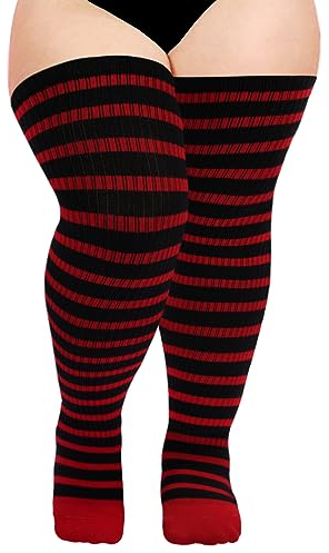 Moon Wood Oberschenkelhohe Socken für Damen, gestrickt, Baumwolle, extra lang, Halloween, Overknee-Socken, Beinstulpen, schwarz / rot, Einheitsgröße Mehr