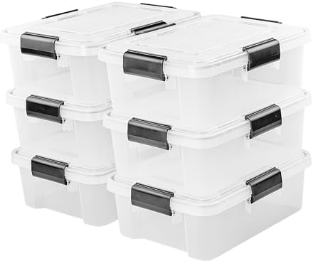 Iris Ohyama 6 Cajas herméticas de plástico con tapa y cierres a presión, 10L, Transparente, sello impermeable, apilables, antipolvo, para ropas, camping, exteriores, cubo de almacenaje, box, AT-S