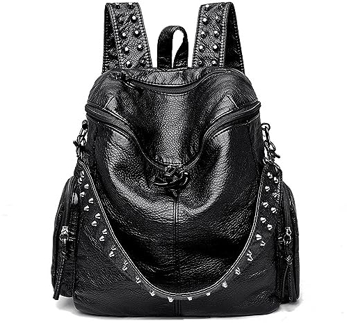 DokinReich Damen Rucksack Modern PU Leder Rucksack Damen Leder Tasche Backpack Schulrucksack mit Mode Nieten Design für Mädchen (Schwarz) (groß Schwarz)