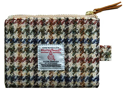 Harris Tweed Mini-Münzgeldbörse, handgefertigt, Lippenstift-Tasche, Vintage, britisch, tragbar, Kreditkarten-Ausweis-Geldbörse mit YKK-Reißverschluss für Damen und Herren, Nr. 614 Hahnentrittmuster