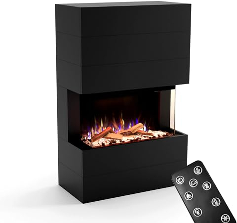 GLOW FIRE Kaminofen Portia mit realistischem 3D E-Motion LED-Feuer - Stand-Elektrokamin mit Heizung und Kaminfeuer, Knistereffekt & Timer, max. 1500 W, 140x100x45, Schwarz