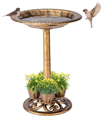 Demeyad Vogeltränke für den Außenbereich mit Blumen-Pflanzgefäßen, 71,1 cm, Polyresin, leicht, Vintage-Vogeltränke für den Außenbereich, Standschale und Wasserspender, Hof, Gartendekoration, Bronze