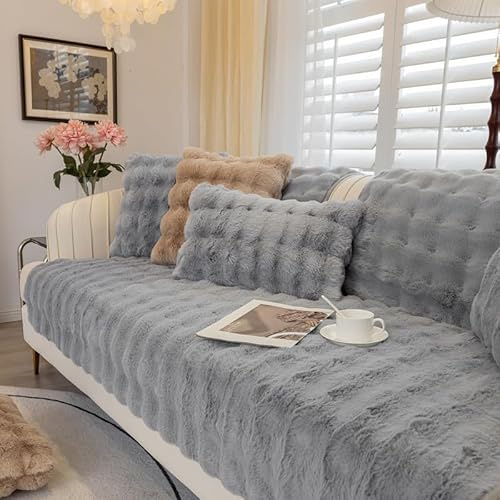 Weiche Kaninchen-Kunstpelz Rutschfest Sofa überzug (Hellgrau, 90x160cm/1PC) | Couch überzug Waschbar, Sofa Cover für Sektionssofa, Hund Sofabezug, Sofa überzug L Form, Ledersofaschoner für das Wohnzimmer