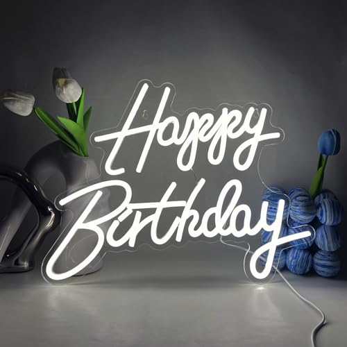 YUEYYNS Señal de Neón Happy Birthday Letrero de Neón cumpleaños adecuado para fiestas, bares, habitación, decoración de paredes de cumpleaños, luces de neón blanco