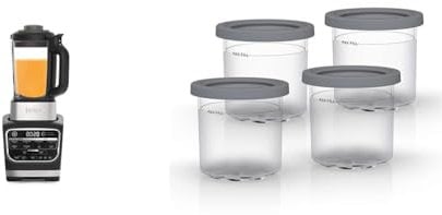 Ninja Foodi Blender & Soup Maker, 10 Auto-iQ Programs, 1.7L Glass Jug, Hot & Cold Blender, 1000W, Black HB150UK & Dessert Tubs - Pack of 4 [XSK4PINTEUUK] Official Accessory, Grey/Clear