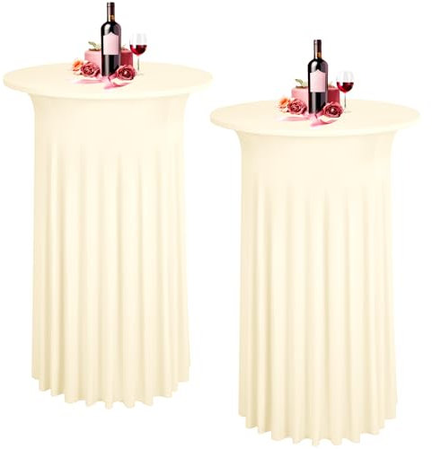 LYAFS 2er-Set Beige Stehtisch Hussen Stretch Stehtisch Tischdecke mit Rock, 80x110cm Runder Cocktail-Tischrock, Bistrotisch-Bartisch-Abdeckung für Bar, Party, Hochzeit, Banketttisch,Geburtstag
