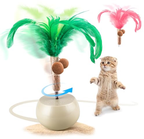 Migipaws Interactive Cat Toy, Feather Kitten Toy, Electric Rolling Tumbler for Indoor Cats, Automatic Cat Teaser, Silver Vine Stick, Rechargeable