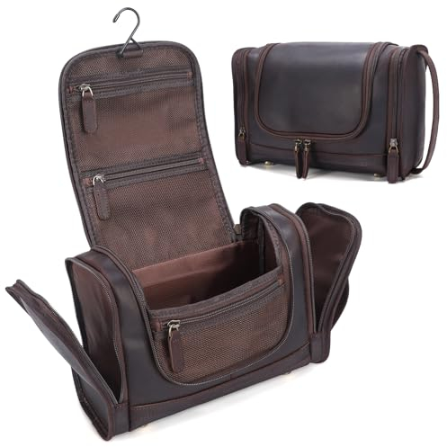 Polare Trousse de Toilette de Voyage en Cuir Pleine Fleur avec Crochet de Suspension, Marron foncé, Vintage, Marron foncé, Vintage