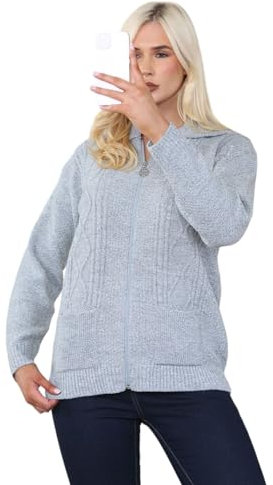 STAR FASHION Women's Cable Knit Zip Through Jumper Long Sleeve Cardigan Ladies Collared Neck Knitwear Zipper Cardigan 2 Pockets Pullover Silver Grey 20-22
