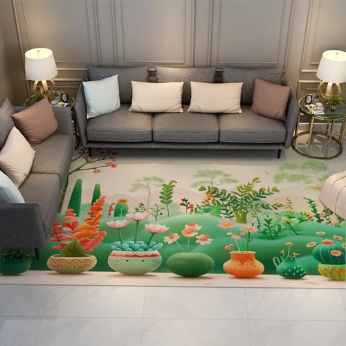UERWOWELL Kreativer Kinderteppich Mehrfarbige grüne Pflanzen Floral Low Flor Teppich Erfrischende gemütliche kleine Teppiche für Schlafzimmer Maschinenwaschbarer Rutschfester Teppich 120x150cm