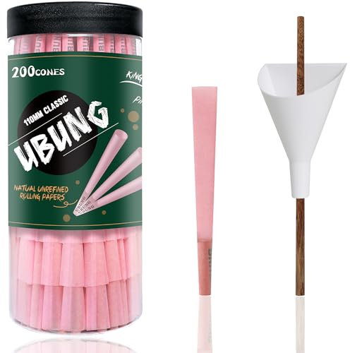 UBUNG Cônes, 200 Cônes, King Size couleur rose cône pré roulé avec filtres, King Size cône fini feuille à rouler, Comprend 1 trémie et 1 poussoir pour emballage rapide