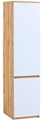 MINIO go for it - Kleiderschrank Schmal 45 cm Breit, Garderobenschrank mit 2 Türen und 1 Kleiderstange, Mehrzweckschrank, ARCCA Serie, Kleiderschrank Weiß/Wotan Eiche - B:45cm x H:195cm x T:52cm