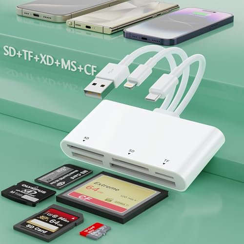Multi 8-in-1 Lightning/USB C/USB A Memory Card Reader for iPhone 15 14 13/iPad/Android/Samsung/Mac Book/Laptop/Camera/Hard Disk/Flash Drive,OTG Memory Adapter for SD/TF/CF/XD/MS/Micro SD/SDHC XC/MMC