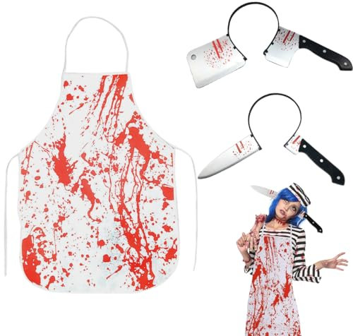 XLZJYIJ Halloween Tablier Sanglant avec Serre Tete Couteau Halloween, Bandeau Sanglant Halloween, Chef Sanglant de Boucher Tablier Costumes, Halloween Bandes de Cheveux D'horreur pour Cosplay