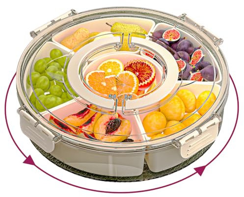 IRONA Divided Dishes, Trays & Platters,Divided Rotating Serving Tray with Lid and Handle, Portable Spinnable Snackle Box Container for Veggie, Fruit, Candy, Nuts, Divided Serving Platter