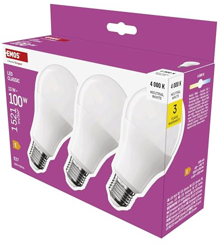 EMOS LED Lampe A60-Birne 3er Pack, 13W Ersatz für 100W Glühbirne, klassische Birne mit E27 Sockel, Helligkeit 1521 lm, Neutralweiß 4000 K, 30000 h Lebensdauer, CRI min. 80, 180° Abstrahlwinkel