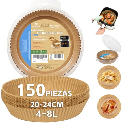 Papel Freidora Aire 20R150 Air Fryer Redondo 150 Unidades 20-24 cm moldes Desechable para Horno BPA Free Accesorios para Freidora sin Aceite de 2 a 8 litros (20-24CM-Redondo-150 unidad)