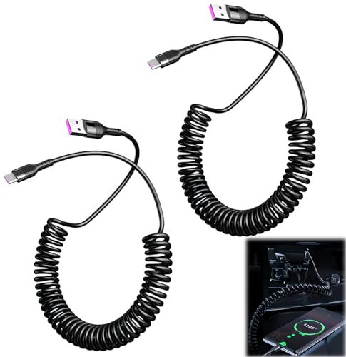 EuAcesry 2 Piezas Cable Espiral USB A a USB C 0.4M-1.5M, Cable de Carga Rápida 5A Tipo-C, Cable de Datos para Android Auto y CarPlay, Compatible con Galaxy S23 S22 S21, Xiaomi, etc. Negro