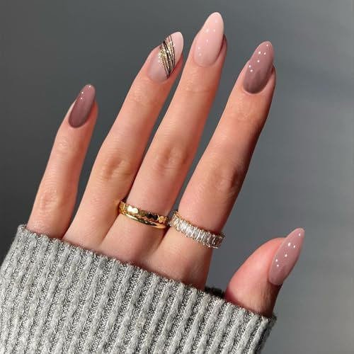 24PCS Short Almond Pink Glitter Press on Nails – Glossy Full Cover Reusable Acrylic Fake Nails, Soft & Natural, Professional DIY Manicure for Women