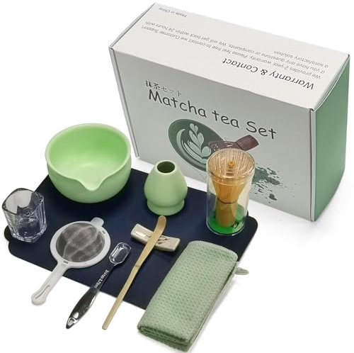 Mycketop Lot de 10 matcha de qualité supérieure avec bol en céramique, chasen en bambou, passoire à thé, cuillère à café, serviette à thé, etc. - Kit complet pour cérémonie du thé japonaise, cadeau