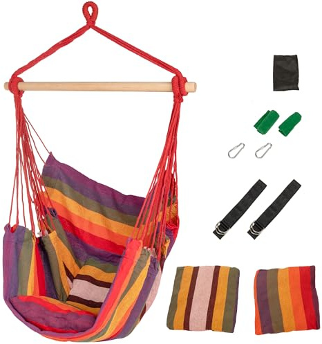 IB STYLE Hängesessel für Garten, Balkon - Bequemer Hängestuhl inkl. 2 Kissen und Befestigungs-Set - Belastbar bis 120 kg, Canvas-Tuchfläche 130x95 cm, Regenbogen