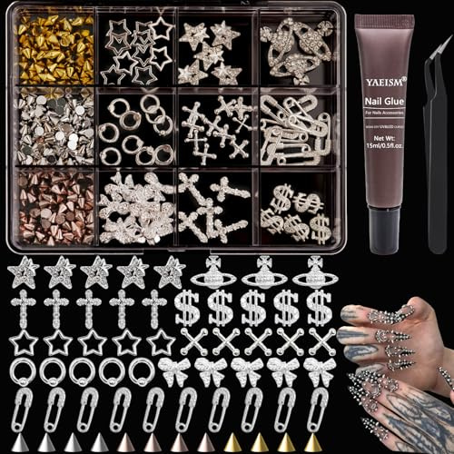 YAEISM 12 Grids Punk Nail Charms 380pcs Silver Nail Charms 3D Stud Spike Nail Art Alloy Bow Nail Charm Money Star Charms with Glue Gel,Tweezer for Women Decoration