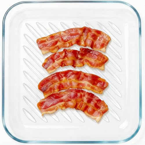 Glass Microwave Bacon Tray 9.84-Inch, Cook Crispy Bacon Strips in Minutes | Grooves Design Drian Grease Easily, No Mess and Easy Clean