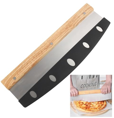Pizza kniv med 32 cm blad, vass pizzaskärare i rostfritt stål med trähandtag, stor vägkniv, effektivare än pizzaruller, stor viktkniv mer effektiv än pizzarulle (Large)