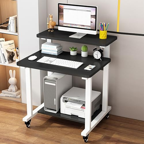 Rolling Computer Desk with Monitor Stand, 3-Tier Small PC Laptop Table with Storage Shelves for Limited Space
