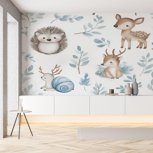 Sobhdga Papier Peint Animaux de la Forêt 100x70, Hérisson Cerf Feuilles Aquarelle Papier Peint Adhesif Mural, Film Autocollant Meuble Décoratif, Rouleau Autocollant pour Chambre Salon