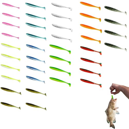 WUERKIYA 40 Pezzi Esche Artificiali in Silicone da 7cm per Pesca - Design a Coda di Pagaia, Riflessi Luminosi, Resistente, Multiuso per Pesca a Striscio e a Galla