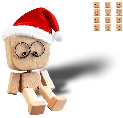 Weihnachten Wackelfigur Auto, Schüttelmann aus Holz, Charmante kleine Holzfigur aus 12 Magnetischen Ausdrücke Schwankt, Shaking Wooden Man Figur, Handgefertigt Kreatives Autozubehör Dekoration (#M)