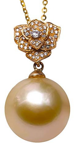 13 mm AAA-runde Südseeperlen-Halskette mit 14-karätigem Gelbgold-Rosenanhänger