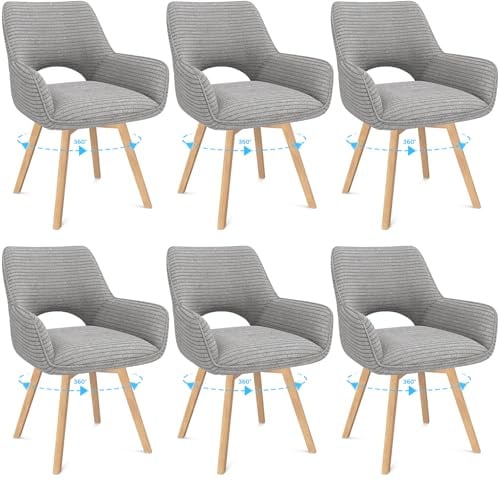 WAFTING Esszimmerstühle 6er Set Drehbar 360°,Armlehnstuhl,Küchenstuhl,Grau | Holzbeine,Buche,Cord Stoff,Küchenstuhl,Wohnzimmerstuhl,Polsterstuhl mit Samt,Restaurant,Schlafzimmer,Esszimmer,Konferenzraum