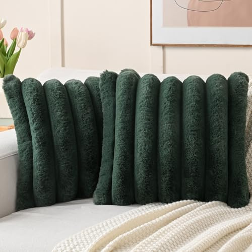 FUTEI Set of 2 Fluffy Faux Rabbit Fur Cushion Covers 45x45 cm,Dark Green | Wide Striped Textured Plush Fabric Front/Premium Velvet Back,Hidden Zipper,Machine Washable,Non-Shedding,Colorfast,No Filling