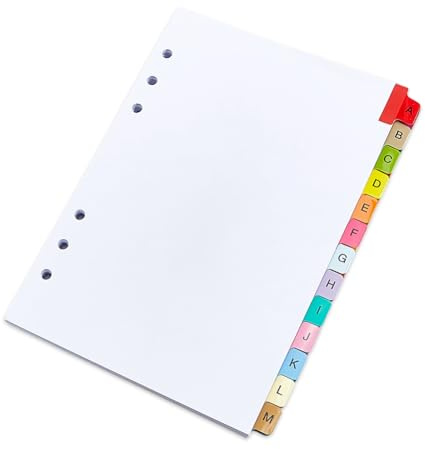SUPERFINDINGS Inserzioni alfabetiche per registro A5 A Z Per raccoglitori a 6 anelli 15,2x21cm 6x8,27 pollici Carta bianca Multicolore 26 schede Indice registro Per scuola Ufficio Archiviazione