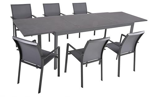 DELUKE Garten-Sitzgruppe EERO 7-TLG. - Kunststoff, Grau | Gartenmöbel-Set Gartengarnitur Garten-Essgruppe mit Stapelstühlen und Esstisch ausziehbar