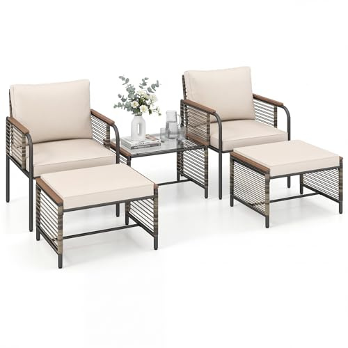 LIFEZEAL 5-teiliges Rattan Gartenmöbel Set, Balkon Möbel Set mit Hocker, Lounge Balkonmöbel Set wetterfest mit Gartentisch, Sitzgruppe Relaxsessel mit Kissen für Terrasse, Balkon, Garten (Beige)