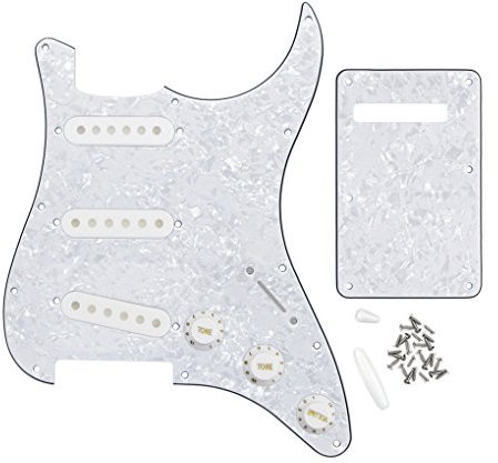 FLEOR Kompletter Satz ST Guitar SSS Pickguard Backplate mit 3 Stk. 52mm Pickup Covers 2T1V Bedienknöpfe Selector Tip Arm Bar Cap, weiße Perle