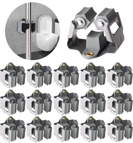 3-H Mop Holder 15 Pack,Brush Holder,Broom Holder Wall Mounted for Kitchen Bathroom Laundry Room Shed Garage Garden(Grey)