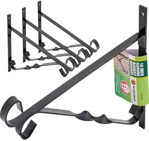 Set of 4 Hanging Basket Bracket - 10 Decoration Hook Flowers Garden Wall Mount | Plant Hanger Indoor Outdoor | Wall Mounts for Plants, Baskets, Wind Chimes, Bird Feeders, Bird House - Black Metal