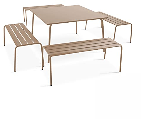 Oviala Palavas – Gartentisch, quadratisch, mit 4 Bänken aus Metall, Taupe