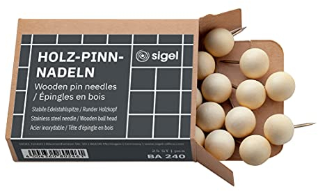 SIGEL BA240 Holz-Pinnnadeln - beige - großer, runder Kopf - ⌀ 12 x 22 mm - 25 Stück - für Pinboards