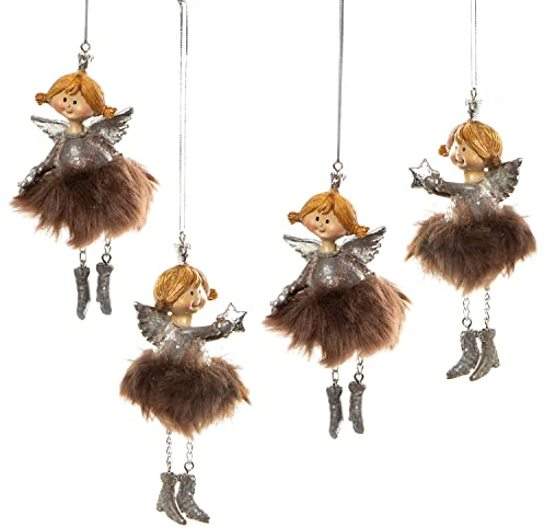 Logbuch-Verlag 4 Engel mit Schnur zum Aufhängen braun Silber Weihnachten Anhänger 12 cm für den Weihnachtsbaum edel und besonders